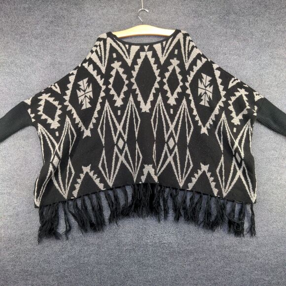 Do Everything in Love Women's Sweater Poncho Black One Size Knit Fringe - Picture 2 of 12